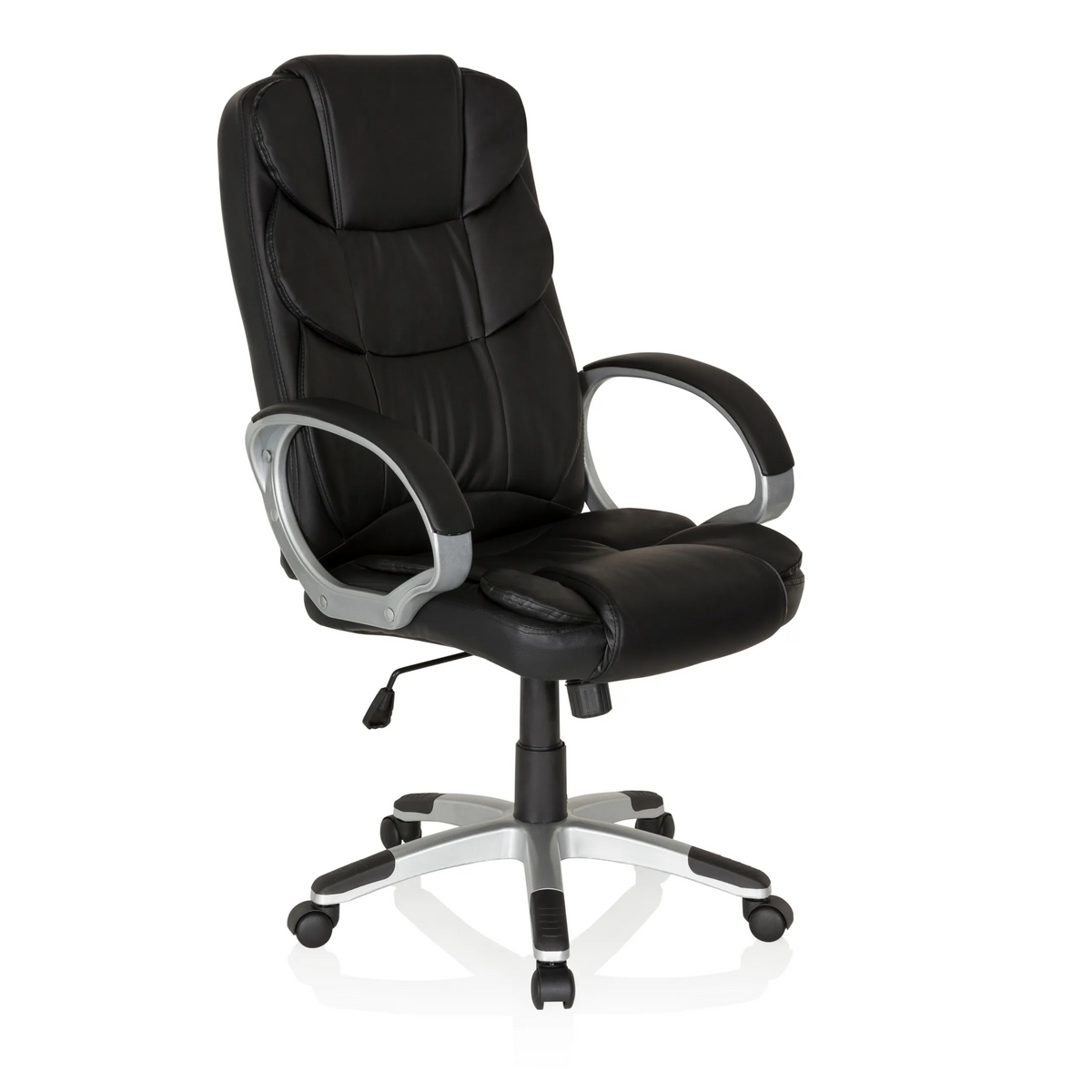 Svart Home Office chefsfåtölj RELAX BY155 med armstöd och femhjulig fotkorsbas från MyBuero – 360-gradersvy (snett framifrån 40°)