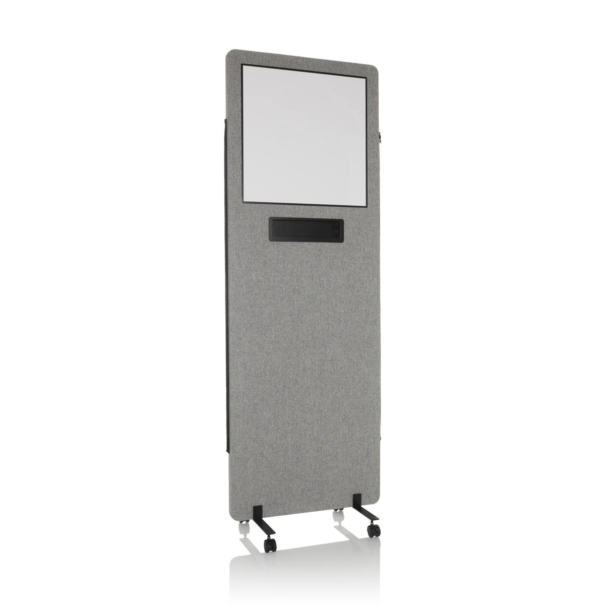 Ljusgrå skärmvägg FLEXMIUT WB med integrerad whiteboard och hjul från hjh OFFICE – 360-gradersvy (framifrån 15°)