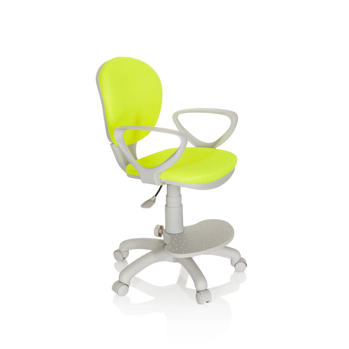 Grön Snurrstol för barn KID COLOUR G1 med grå armstöd och femhjulig fotkorsbas från hjh OFFICE – 360-gradersvy (snett framifrån 60°)