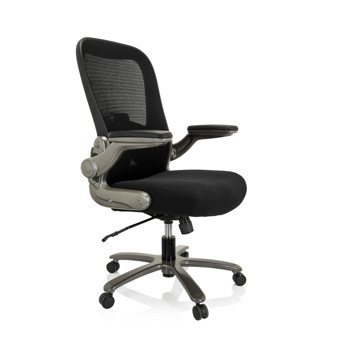 Svart XXL snurrstol INSTRUCTOR T I med nätrygg, armstöd och femhjulig fotkorsbas från hjh OFFICE – 360-gradersvy (snett framifrån 60°)