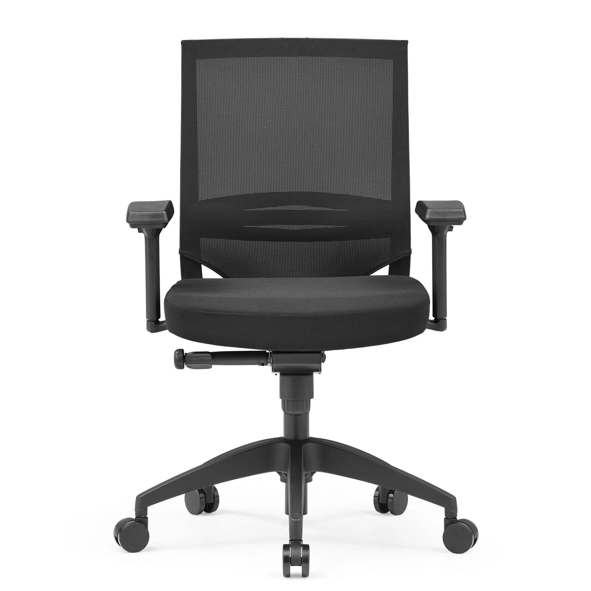Svart Professionell kontorsstol PORTO BASE med nätrygg och femstjärnig fotkorsbas med hjul från hjh OFFICE – 360-gradersvy (framifrån 0°)
