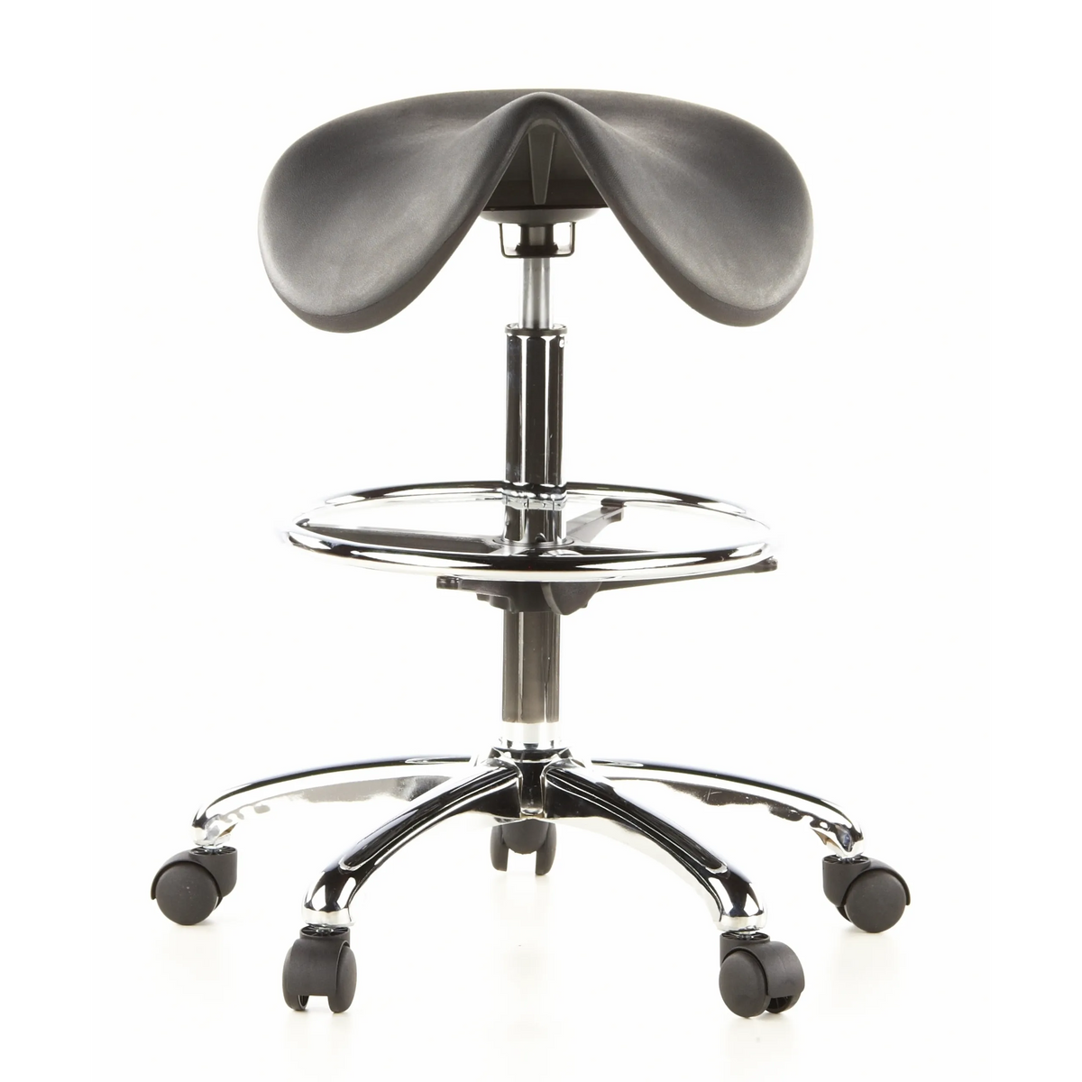 Svart sadelpall TOP WORK 13 med fotring och femstjärnig fotkorsbas med hjul från hjh OFFICE – 360-gradersvy (framifrån 0°)
