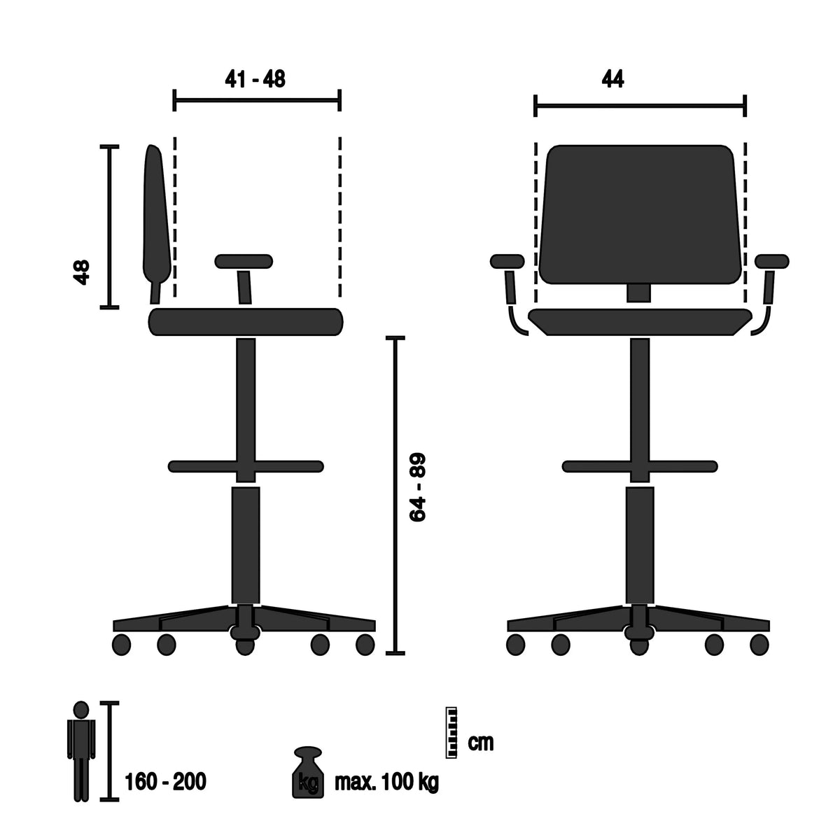 Teknisk ritning av Bardiskstol TOP WORK STYLE med en sitthöjd på 64–89 cm från hjh OFFICE