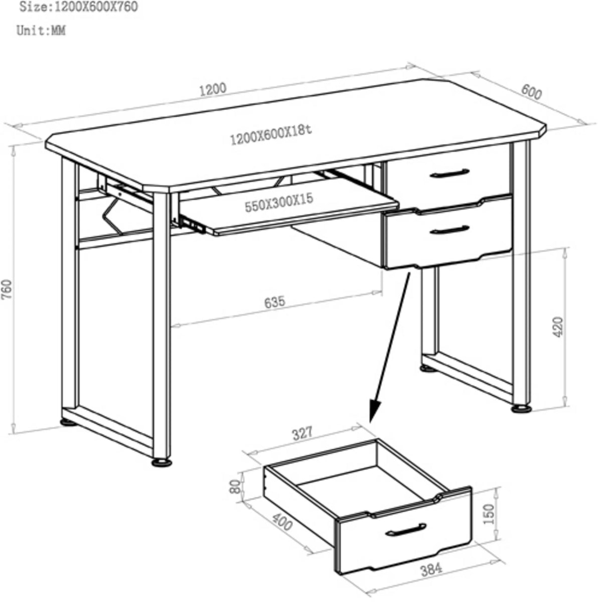Teknisk ritning av Skrivbord WORKFLOW med 120 x 60 cm och tangentbordsutdrag från hjh OFFICE