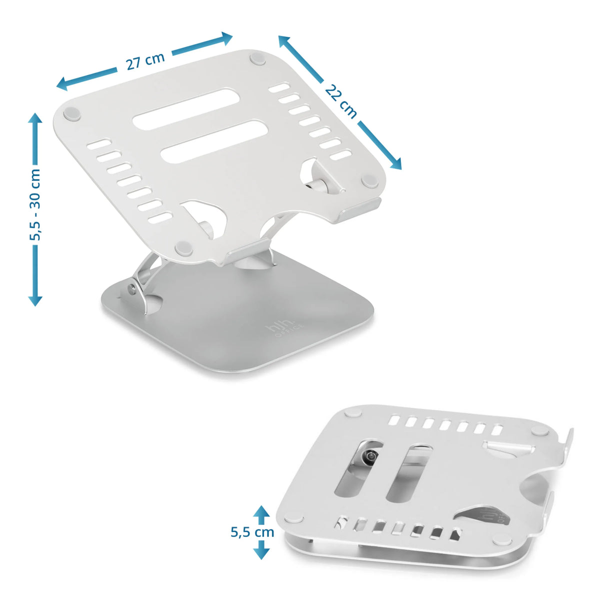 Måttritning av Underlägg för bärbar dator LAPTOP STAND med 27 × 22 cm och en höjd på 5,5 till 30 cm från hjh OFFICE