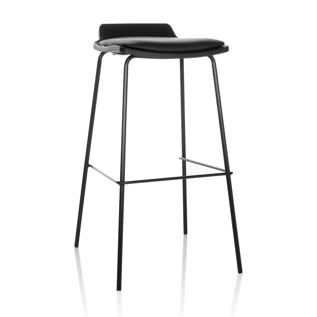 Svart Barstol LONSO 10 med vadderad sits och ett fotstöd från hjh OFFICE – 360-gradersvy (framifrån 15°)