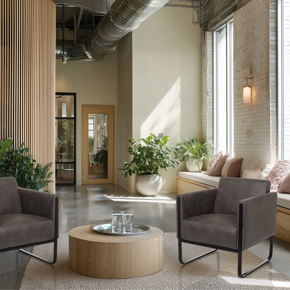 Zwei graue Loungesessel Aruba Retro mit schwarzen Metallgestellen in einem modernen Wartebereich von hjh OFFICE