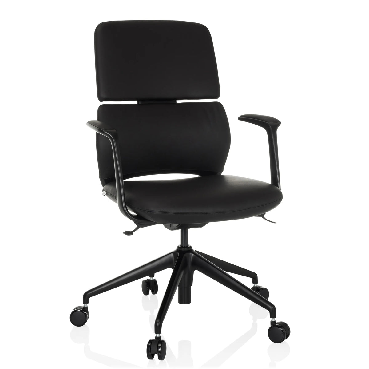 Svart Professionell kontorsstol ATMOS DESIGNER med armstöd och femhjulig fotkorsbas från hjh OFFICE – 360-gradersvy (framifrån 15°)