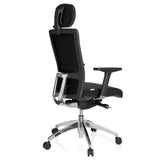 Svart Professionell kontorsstol ASTRA LUX med nackstöd, armstöd och femstjärnigt fotkors med hjul från hjh OFFICE – 360-gradersvy (snett bakifrån 120°)