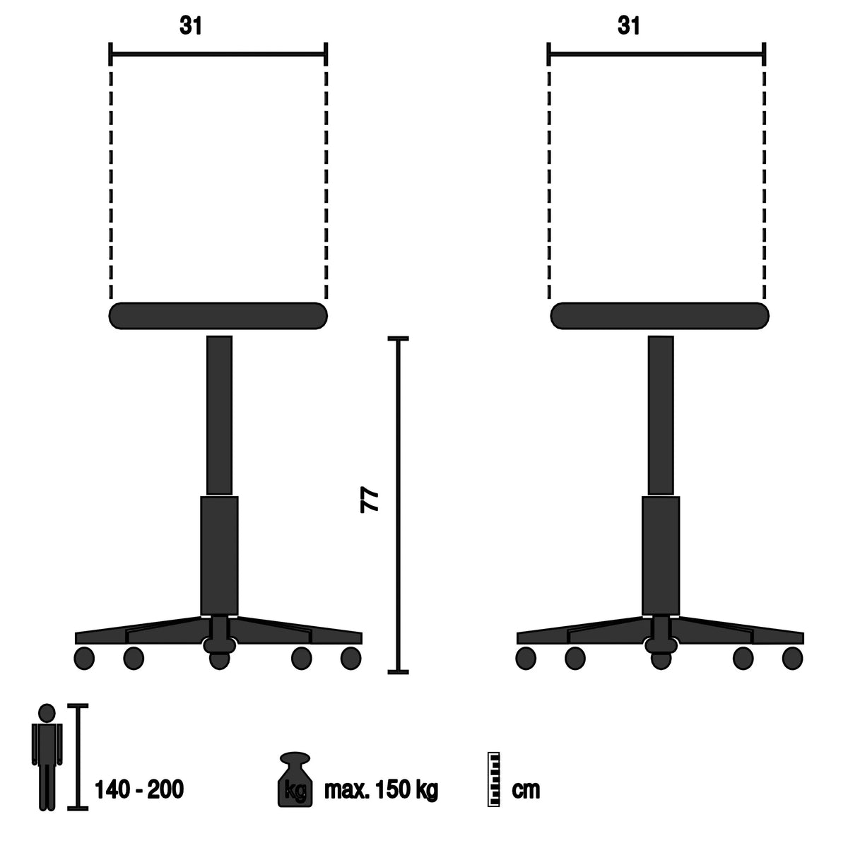 Teknisk ritning av Barstol VANTAGGIO HIGH WS, 31 × 77 cm och max belastning 150 kg från hjh OFFICE