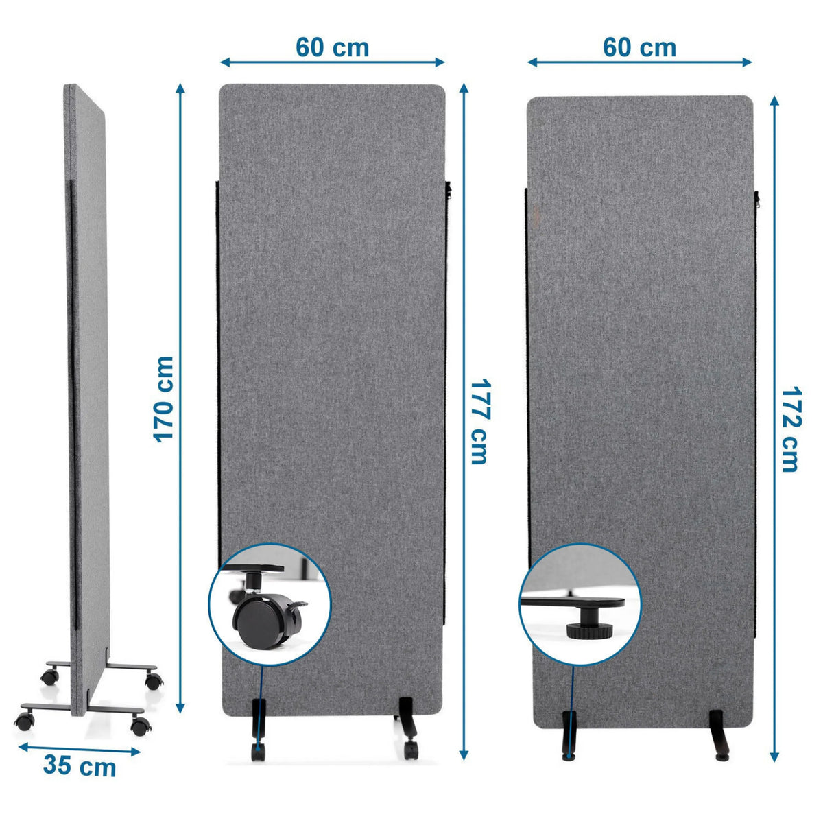Maßzeichnung der Trennwand FLEXMIUT mit 60 × 170 cm und Rollen von hjh OFFICE