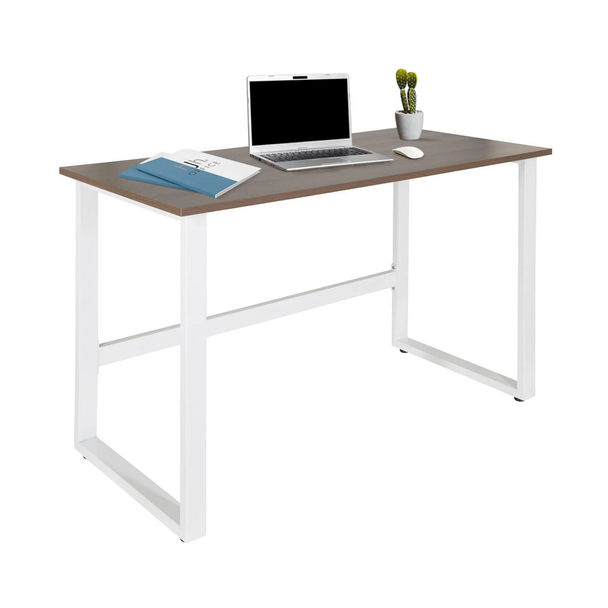 Skrivbord WORKSPACE LIGHT I i valnöt och vitt med laptop, mus och anteckningsblock från hjh OFFICE