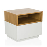 Weißer Beistelltisch MELMO mit einer Ablage in Eichenoptik von hjh LIVING – 360-Grad-Ansicht (schräge Frontansicht 30°)