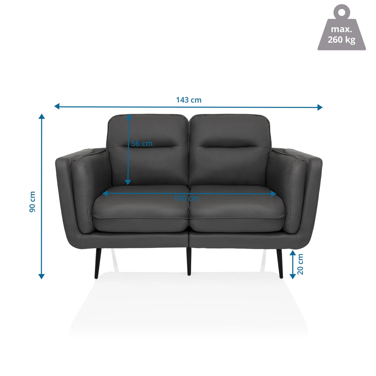 Måttritning av Loungesoffa VINTALUX med en bredd på 143 cm och en höjd på 90 cm från hjh LIVING