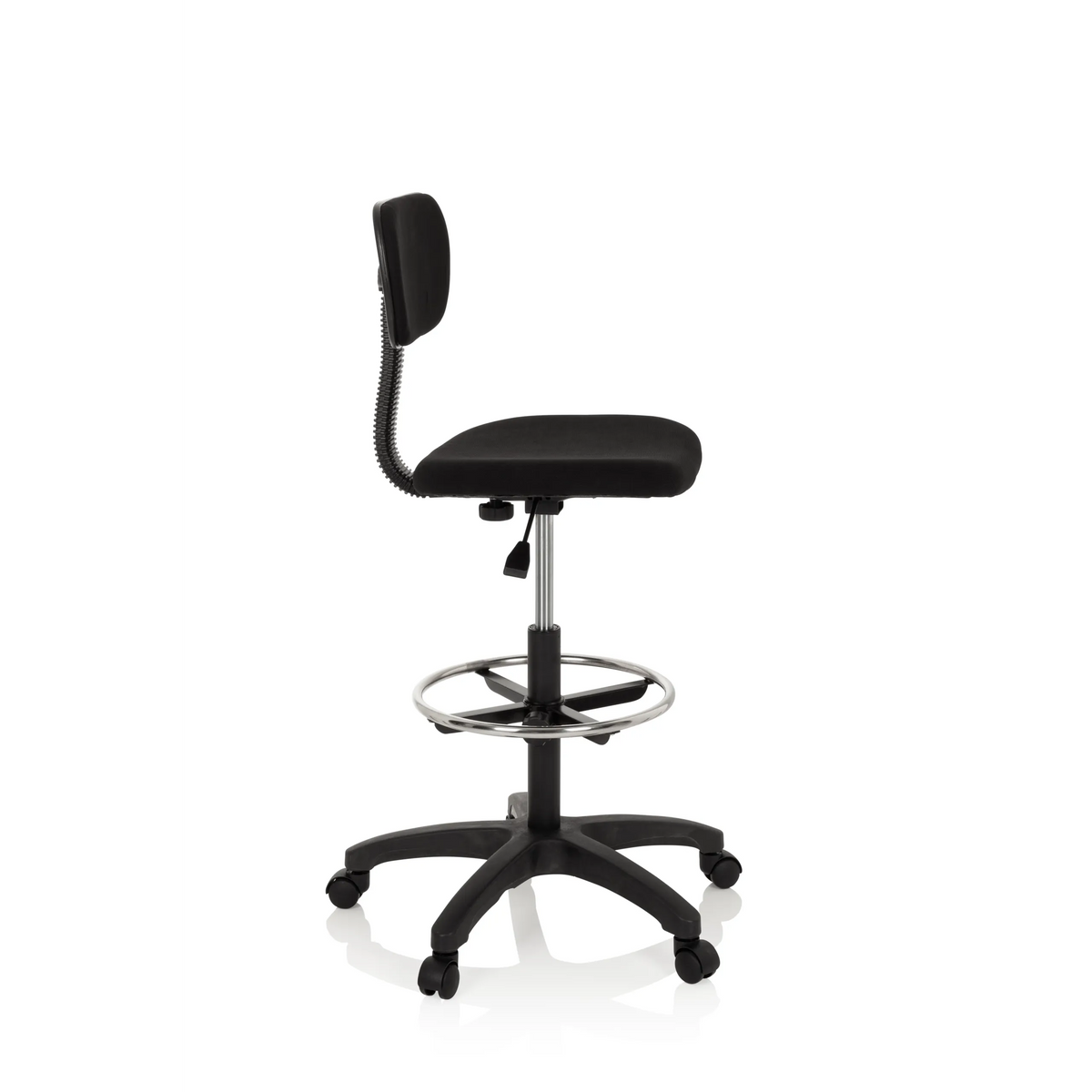 Svart Bardiskstol TOP WORK 05 med fotring och femstjärnig fotkorsbas med hjul från hjh OFFICE – 360-gradersvy (sidoprofil 80°)