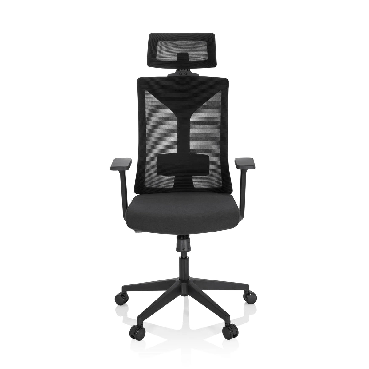 Svart Professionell kontorsstol KODIAK med nätrygg, nackstöd och femstjärnig fotkorsbas med hjul från hjh OFFICE – 360-gradersvy (framifrån 0°)