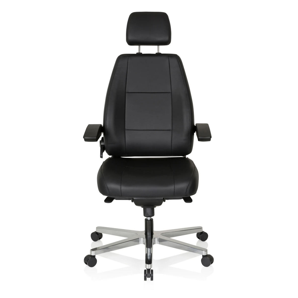 Svart XXL snurrstol 24 HOURS i läder med nackstöd och femhjulig fotkorsbas från hjh OFFICE – 360-gradersvy (framifrån 0°)