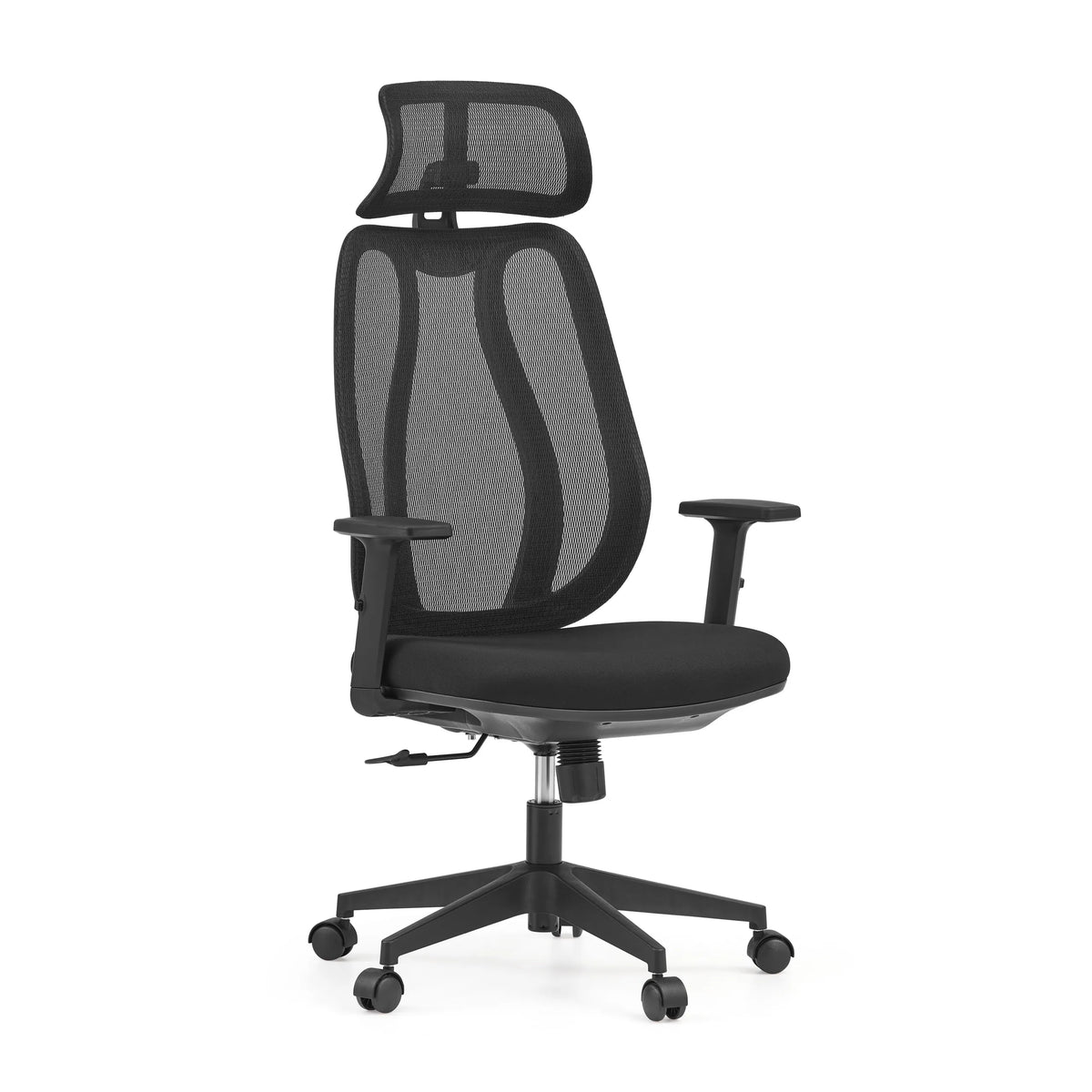 Svart professionell kontorsstol Filaro med nätrygg, nackstöd och femstjärnigt fotkors med hjul från hjh OFFICE – 360-gradersvy (snett framifrån 30°)