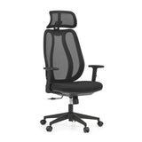 Svart professionell kontorsstol Filaro med nätrygg, nackstöd och femstjärnigt fotkors med hjul från hjh OFFICE – 360-gradersvy (snett framifrån 30°)