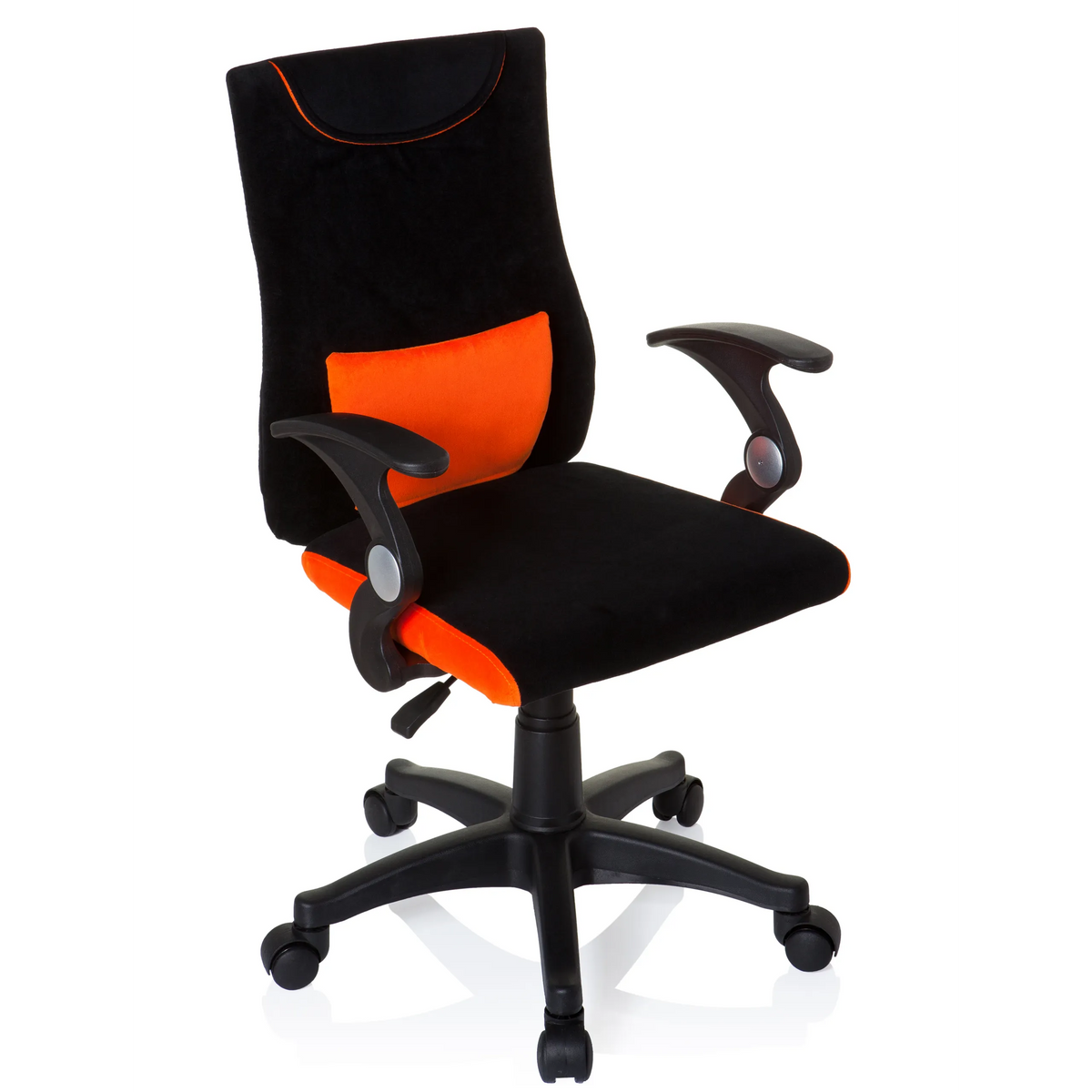 Svart-orange Snurrstol för barn KIDDY PRO AL med ländkudde och femhjulig fotkorsbas från hjh OFFICE – 360-gradersvy (snett framifrån 40°)