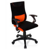 Svart-orange Snurrstol för barn KIDDY PRO AL med ländkudde och femhjulig fotkorsbas från hjh OFFICE – 360-gradersvy (snett framifrån 40°)