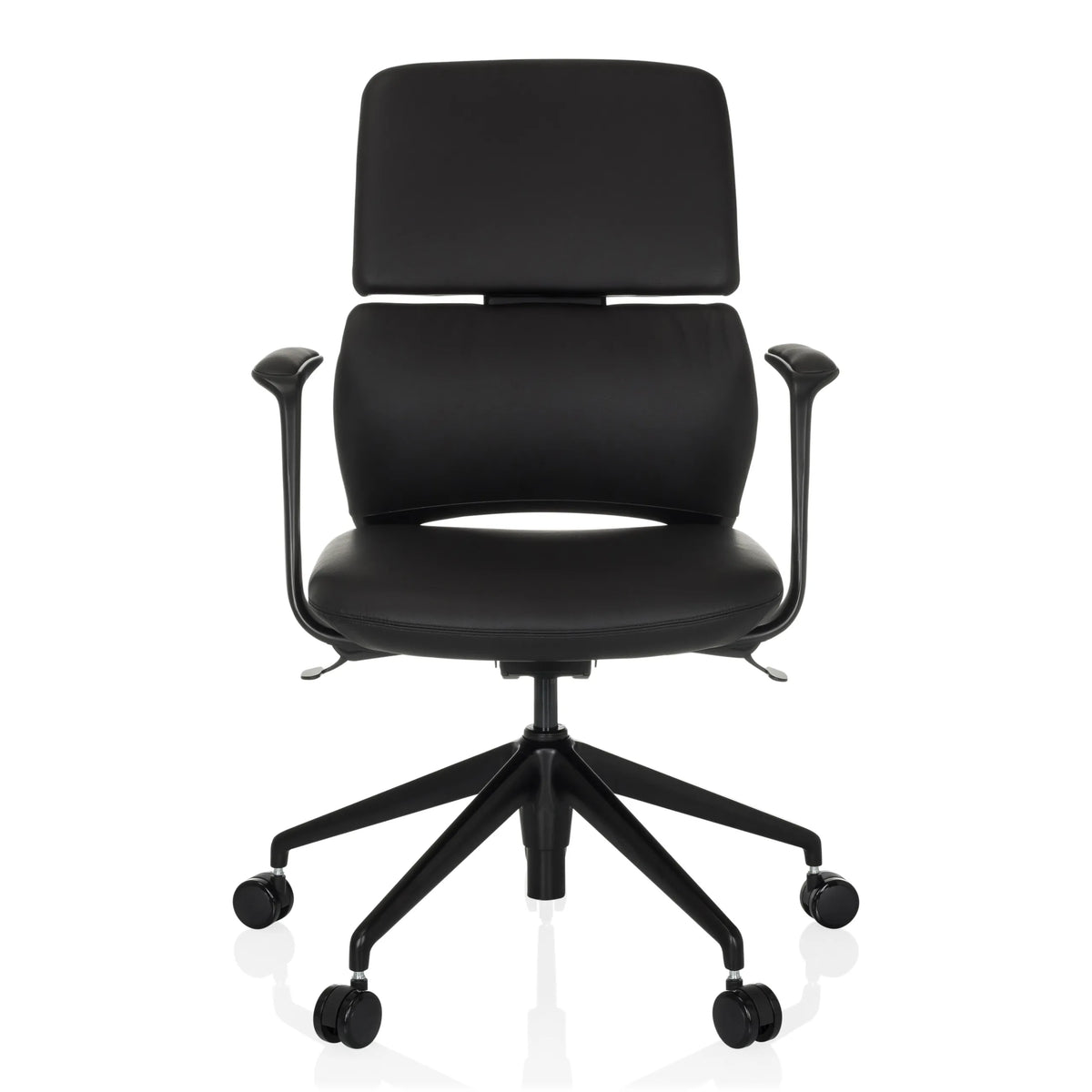 Svart Professionell kontorsstol ATMOS DESIGNER med armstöd och femhjulig fotkorsbas från hjh OFFICE – 360-gradersvy (framifrån 0°)