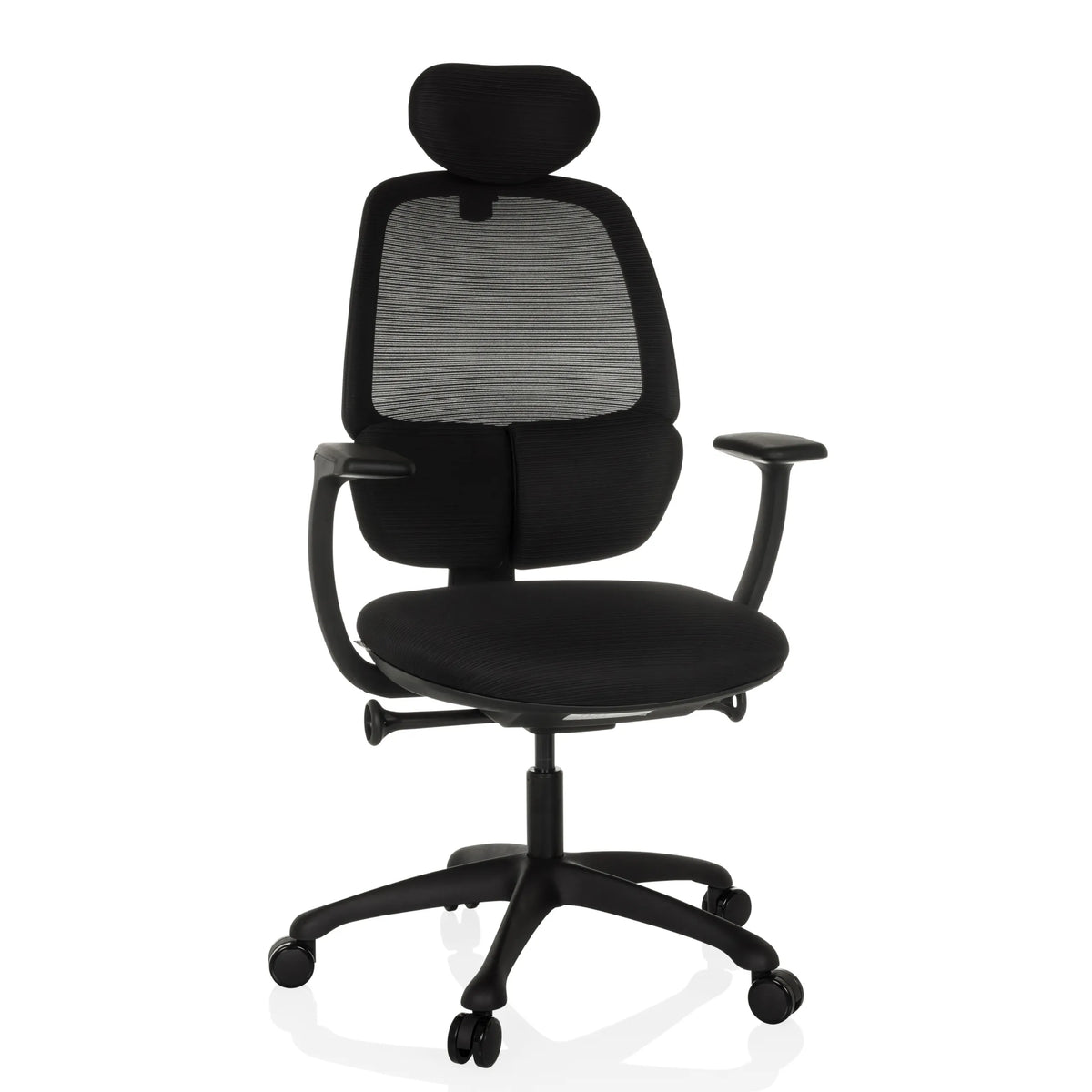 Svart Professionell kontorsstol RI-COVER med nätrygg, nackstöd och femhjulig fotkorsbas från hjh OFFICE – 360-gradersvy (framifrån 15°)