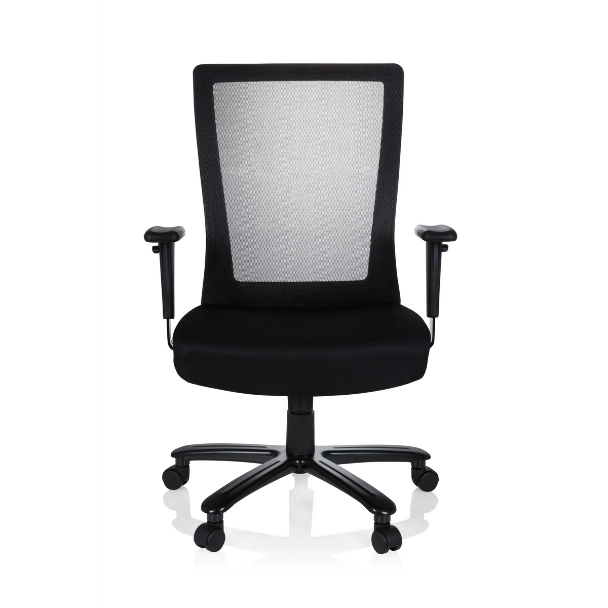 Svart snurrstol XXL EXTENDER med nätrygg och femhjulig fotkorsbas från hjh OFFICE – 360-gradersvy (framifrån 0°)
