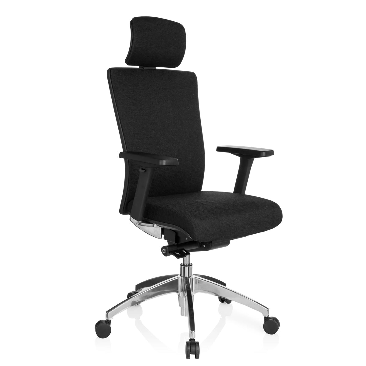 Svart Professionell kontorsstol ASTRA LUX med nackstöd, armstöd och femstjärnigt fotkors med hjul från hjh OFFICE – 360-gradersvy (snett framifrån 40°)