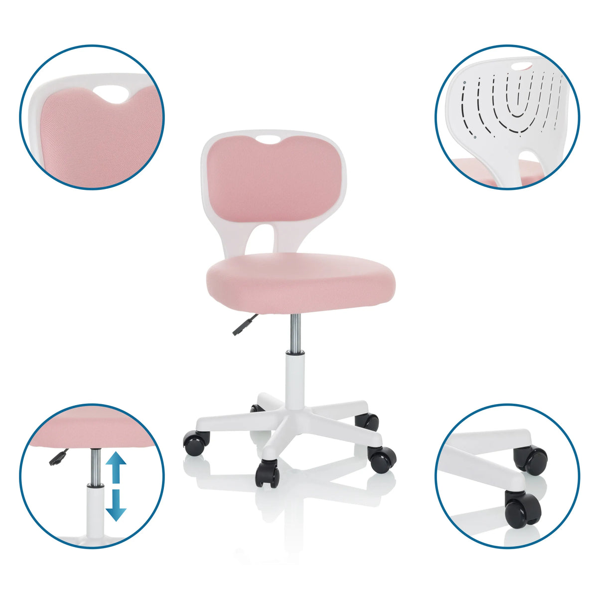 Rosa Kinderdrehstuhl KIDDY TOP W mit weißem Gestell, Rollen und höhenverstellbarem Sitz von hjh OFFICE