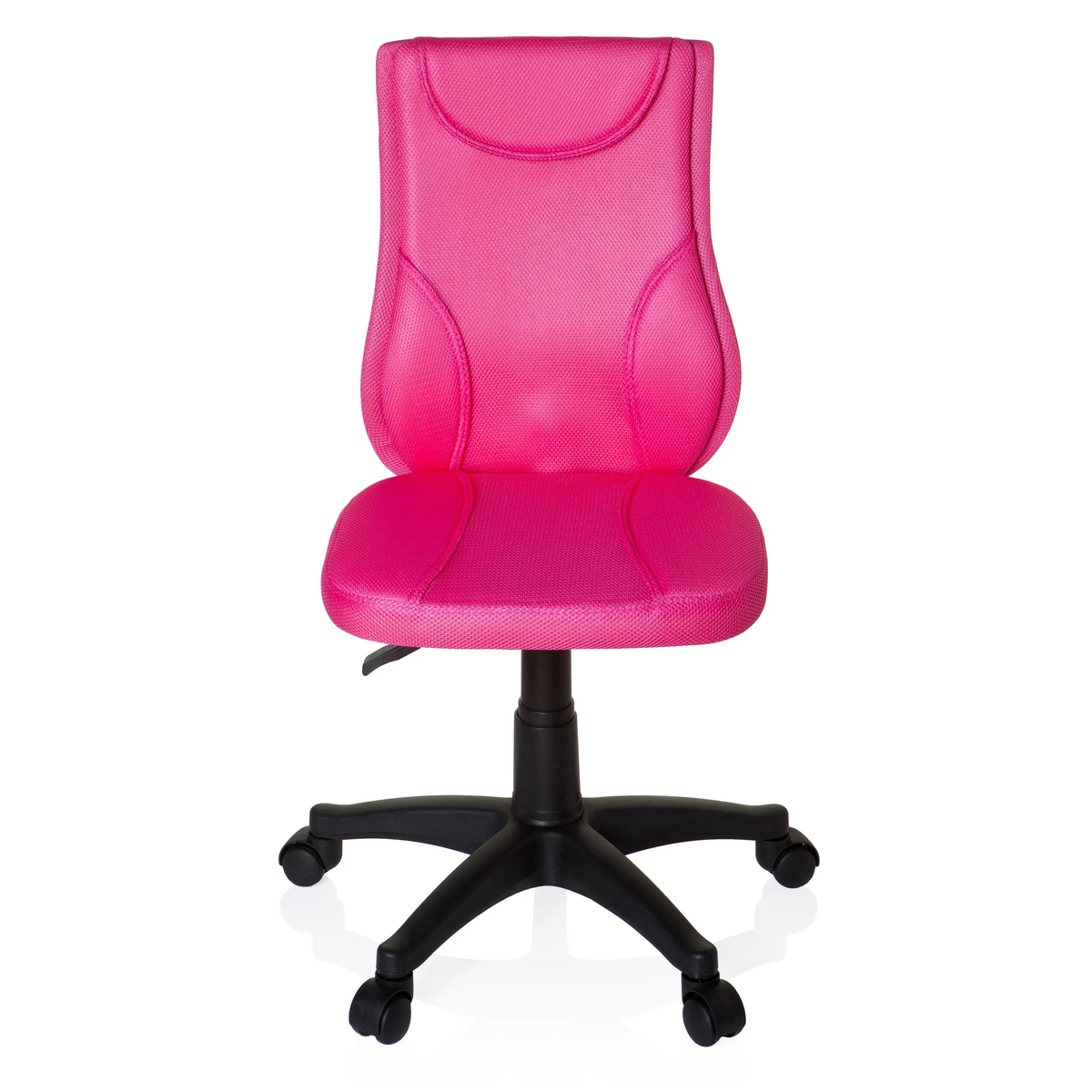 Rosa Snurrstol för barn KIDDY BASE med nätrygg och svart femstjärnigt fotkors med hjul från hjh OFFICE – 360-gradersvy (framifrån 0°)