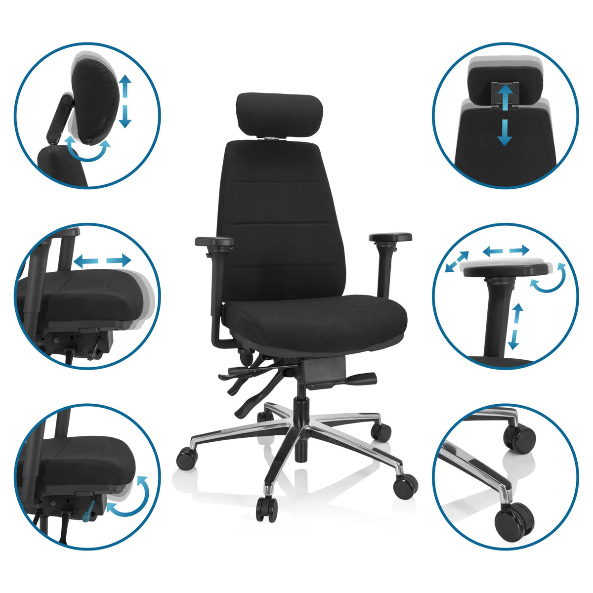 Justeringsmöjligheter för Professionell kontorsstol PHOENIX PRO I med nackstöd och armstöd från hjh OFFICE