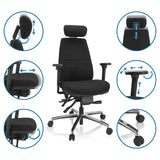Justeringsmöjligheter för Professionell kontorsstol PHOENIX PRO I med nackstöd och armstöd från hjh OFFICE