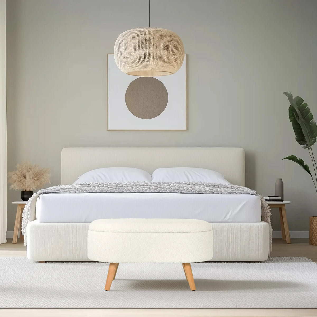 Vit sittbänk STORIANO med tygklädsel och fyra ljusa träben från hjh LIVING