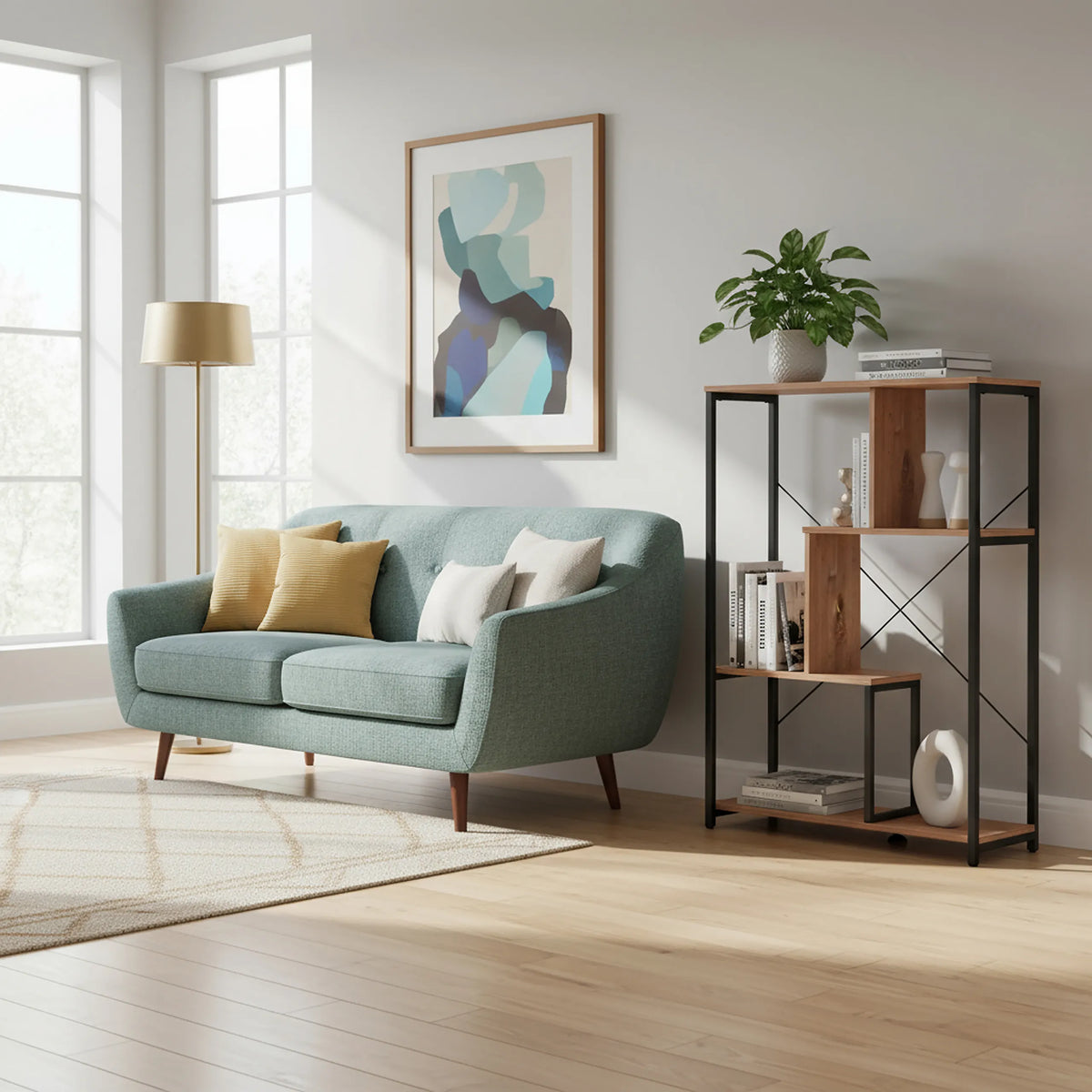 Hylla Kalag Eco i svart och ek med öppen metallram och hyllplan i trä i ett vardagsrum från hjh LIVING
