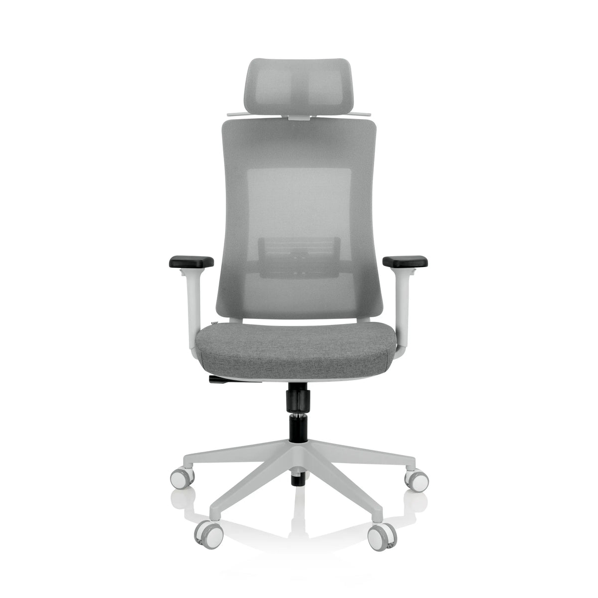 Grå Professionell kontorsstol COMFIO WMH med nätrygg, nackstöd och femhjulig fotkorsbas från hjh OFFICE – 360-gradersvy (framifrån 0°)