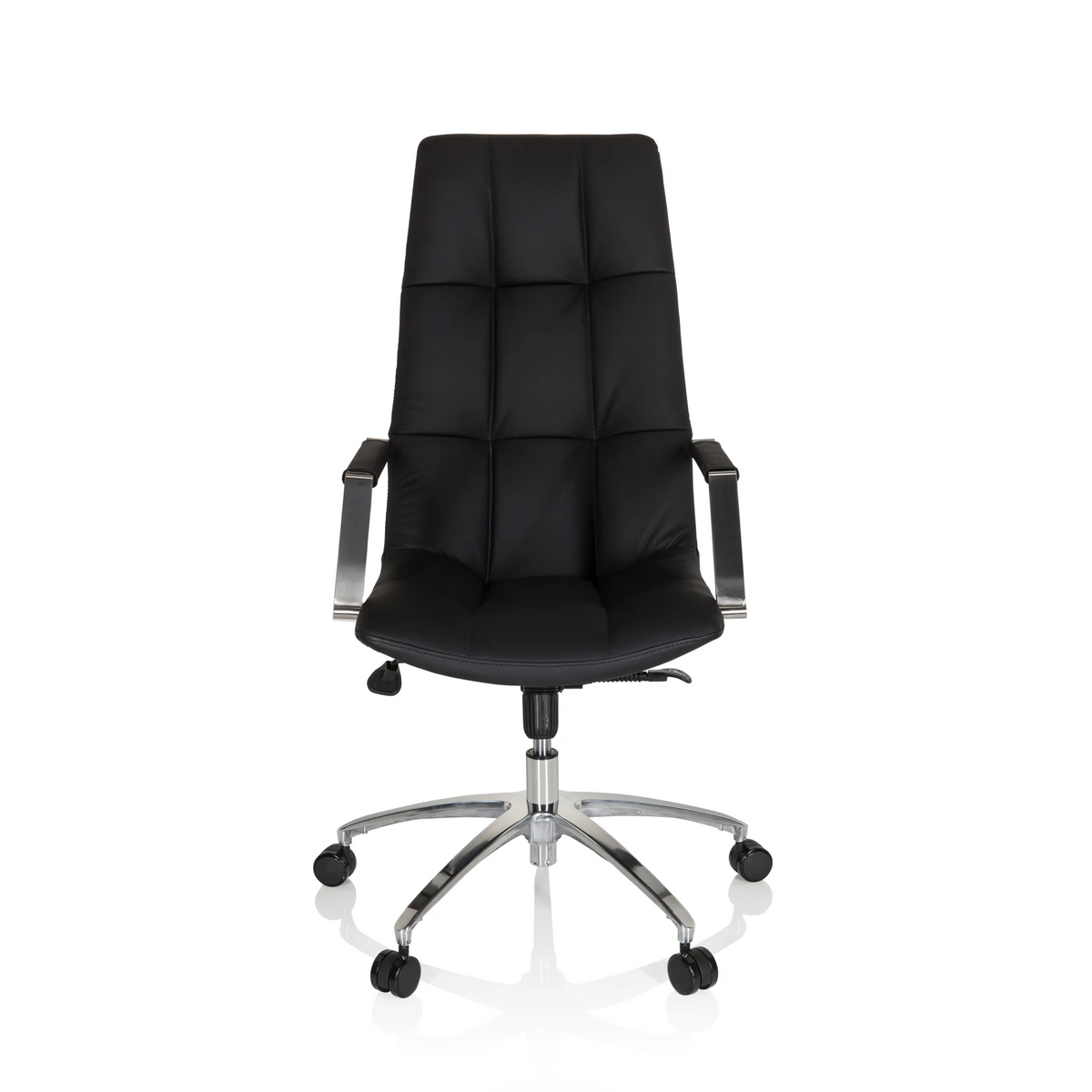 Svart Home Office chefsfåtölj SARANTO PRO i läder med blankt femstjärnigt underrede med hjul från hjh OFFICE – 360-gradersvy (framifrån 0°)