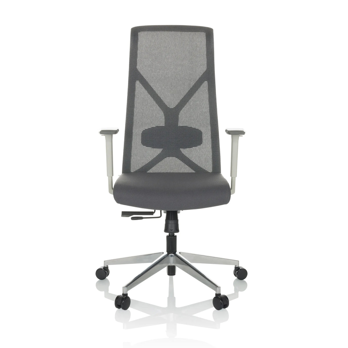 Grauer Profi-Bürostuhl AZURRO WHITE mit Netzrücken und Fußkreuz mit fünf Rollen von hjh OFFICE – 360-Grad-Ansicht (Frontansicht 0°)