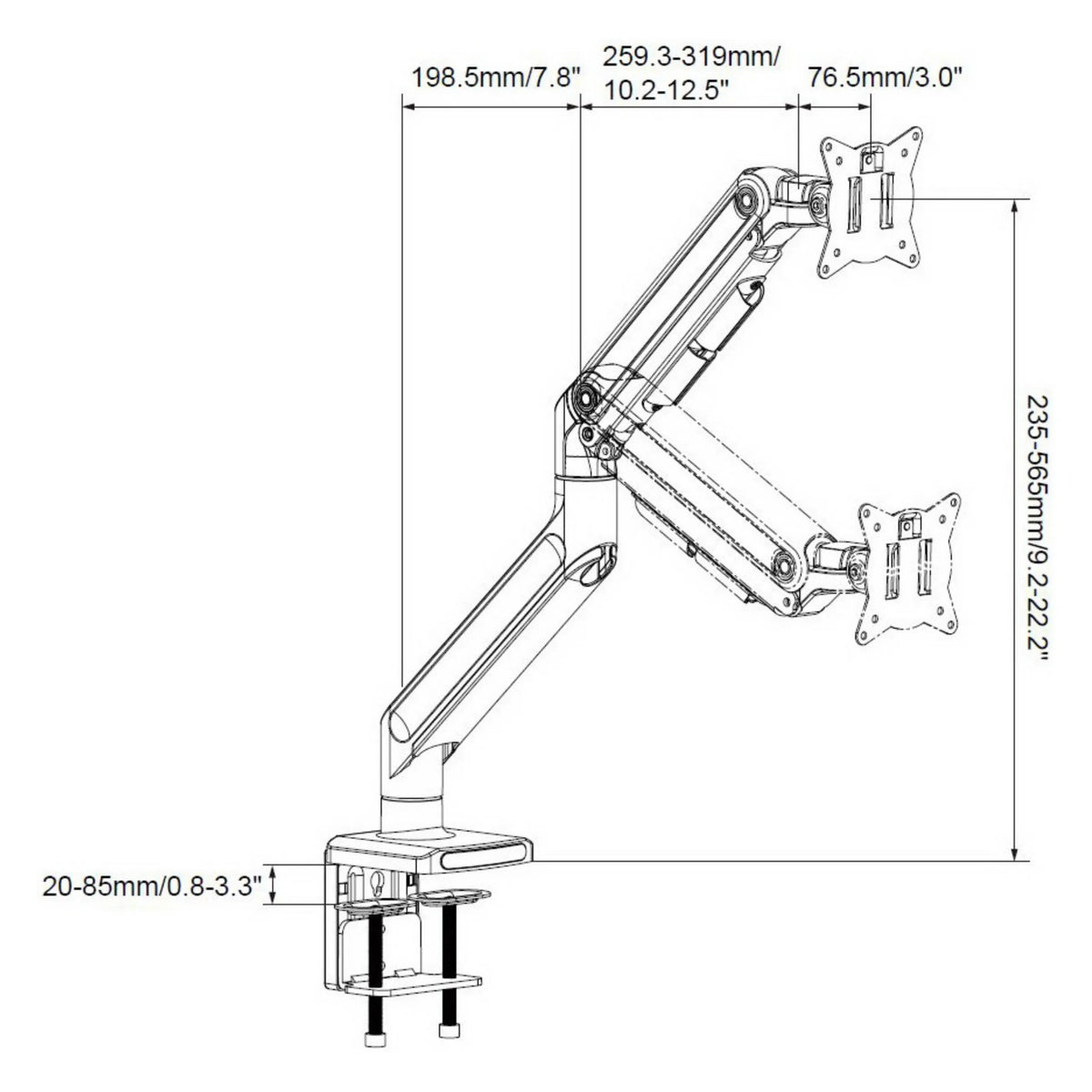 Technische Zeichnung der Monitorhalterung VM-MG1S mit einer maximalen Höhe von 565 mm von hjh OFFICE