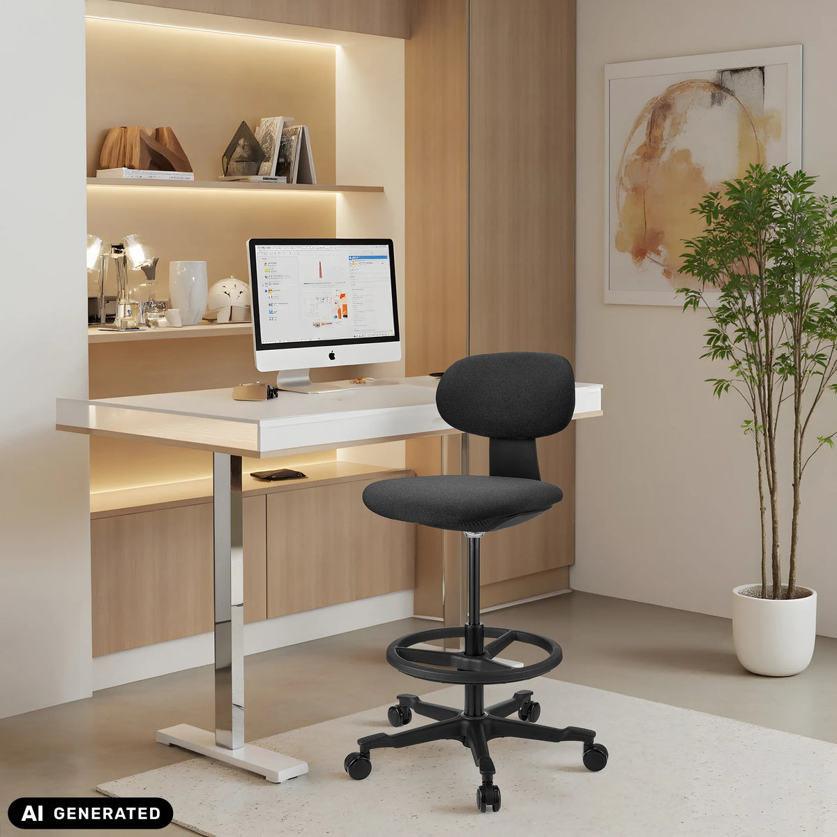 Svart WORK MF2 arbetsstol med fotring och hjul framför ett vitt skrivbord från hjh OFFICE (AI-genererad bild)