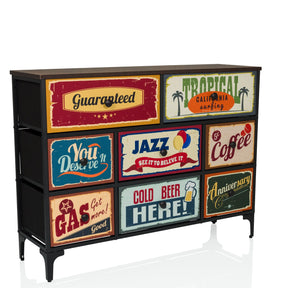 Kommode AMERIKO B mit schwarzem Gestell und sechs bunten Motiv-Schubladen im Vintage-Stil von hjh LIVING