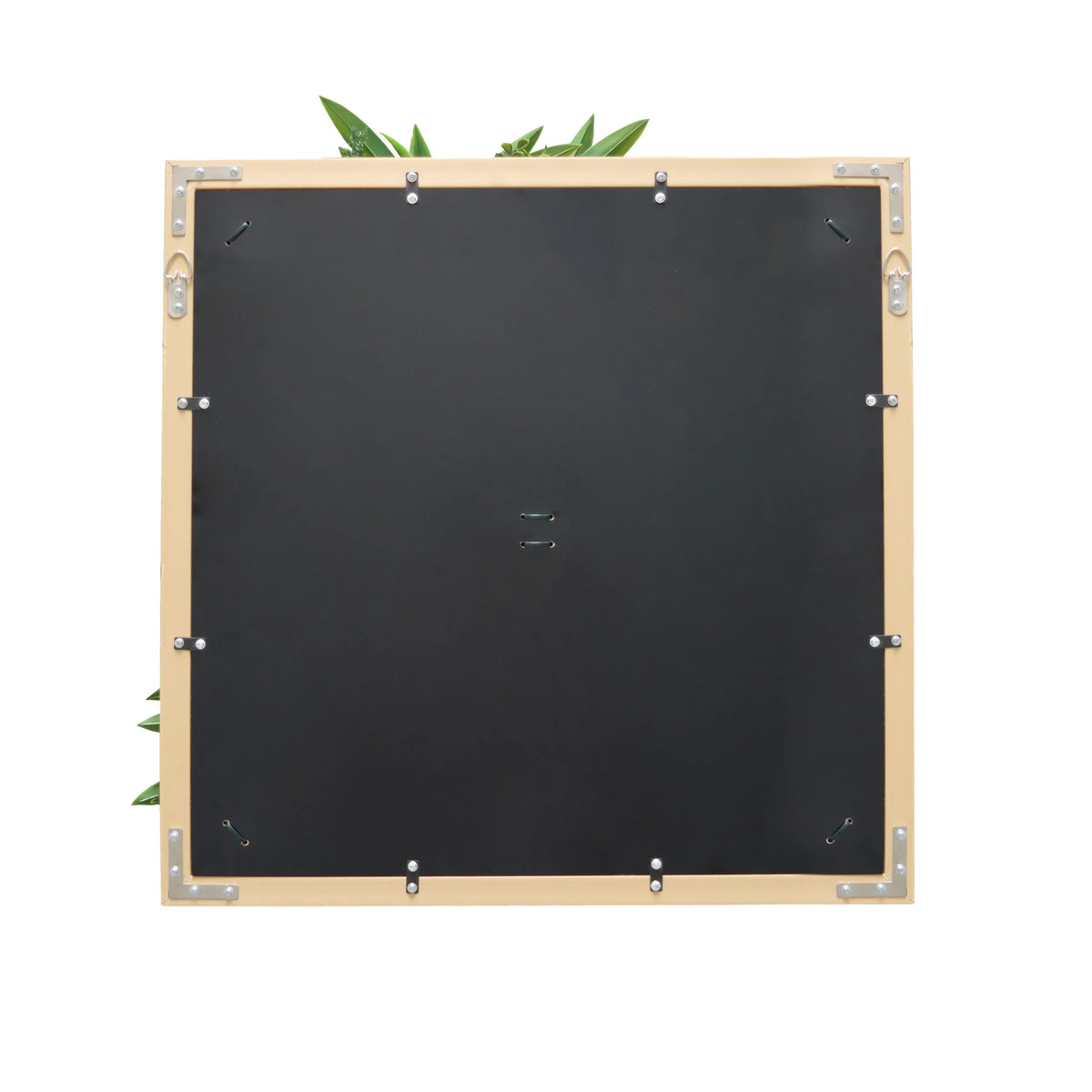 Baksidan av den kvadratiska Växtmatta LEAFLUXE WALL 1 i svart med metalldetaljer från hjh LIVING