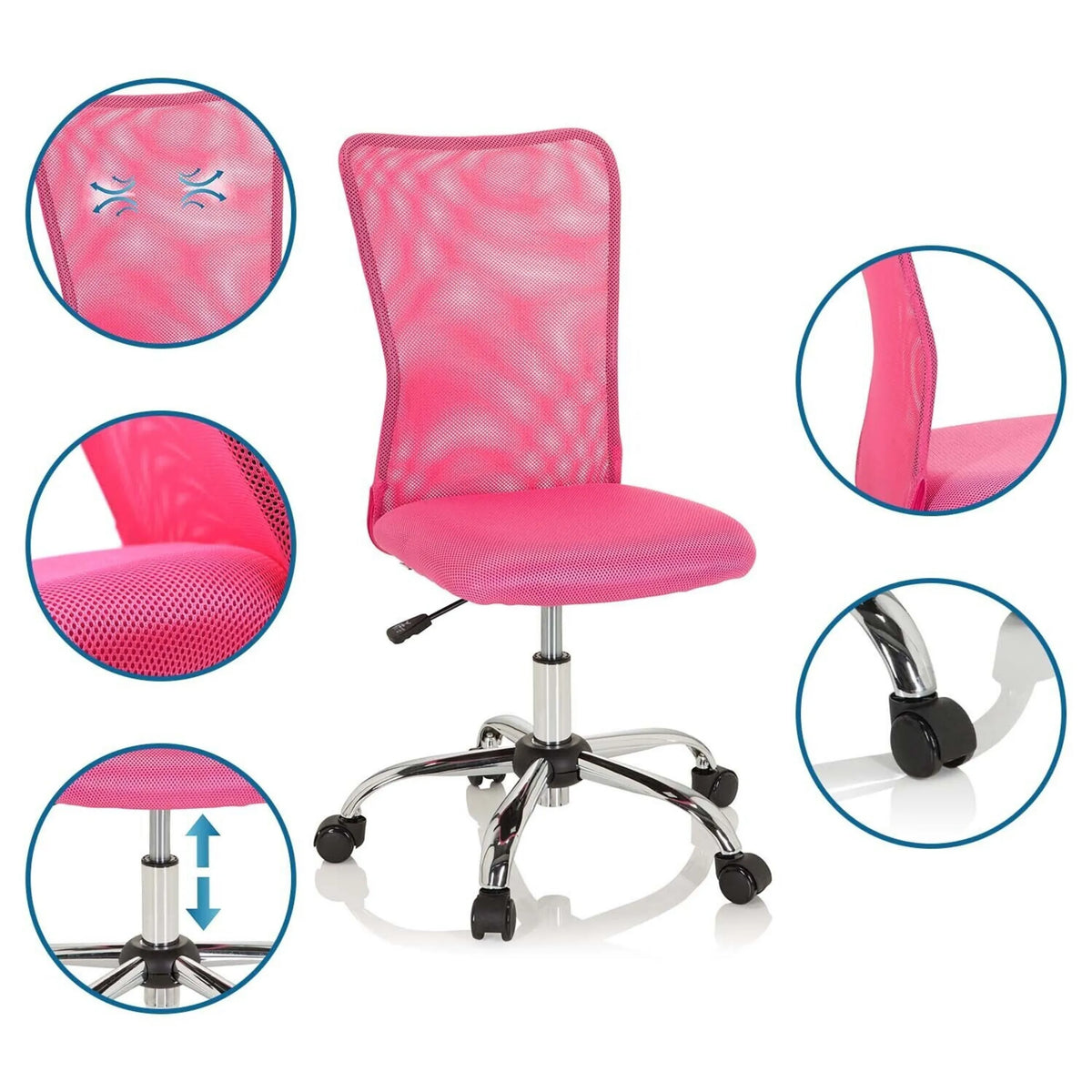 Rosa snurrstol för barn KIDDY NET I med nätrygg, justerbar höjd och blankt stjärnfot med hjul från hjh OFFICE