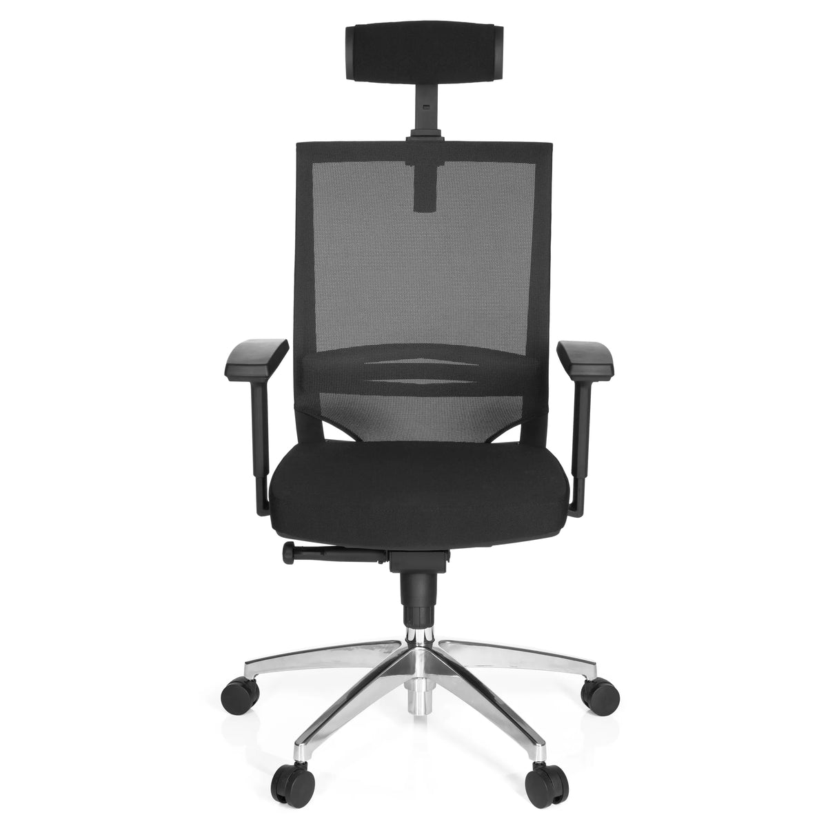 Svart professionell kontorsstol PORTO MAX HIGH med nätrygg, nackstöd och silverfärgad femstjärnig fotkorsbas med hjul från hjh OFFICE – 360-gradersvy (framifrån 0°)