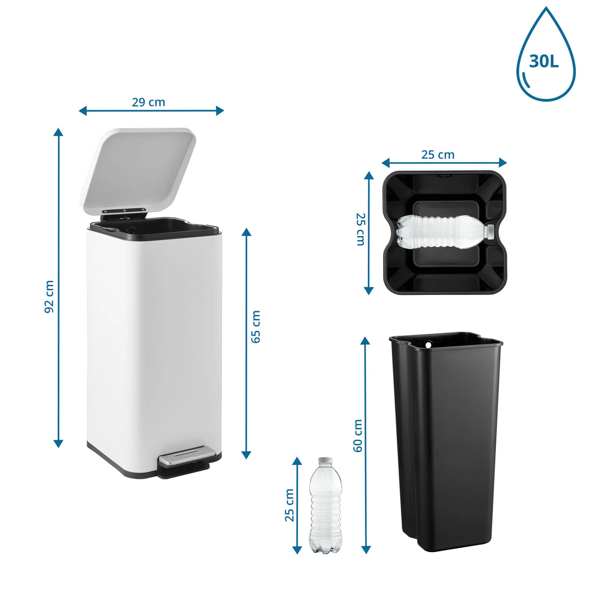Teknisk ritning av papperskorg Clean Square med 92 cm höjd och 30 l volym från hjh OFFICE