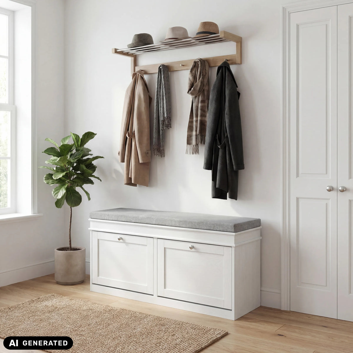 Vitt Estha 11 skoskåp med grå sittyta och garderob ovanför från hjh LIVING (AI-genererad bild)