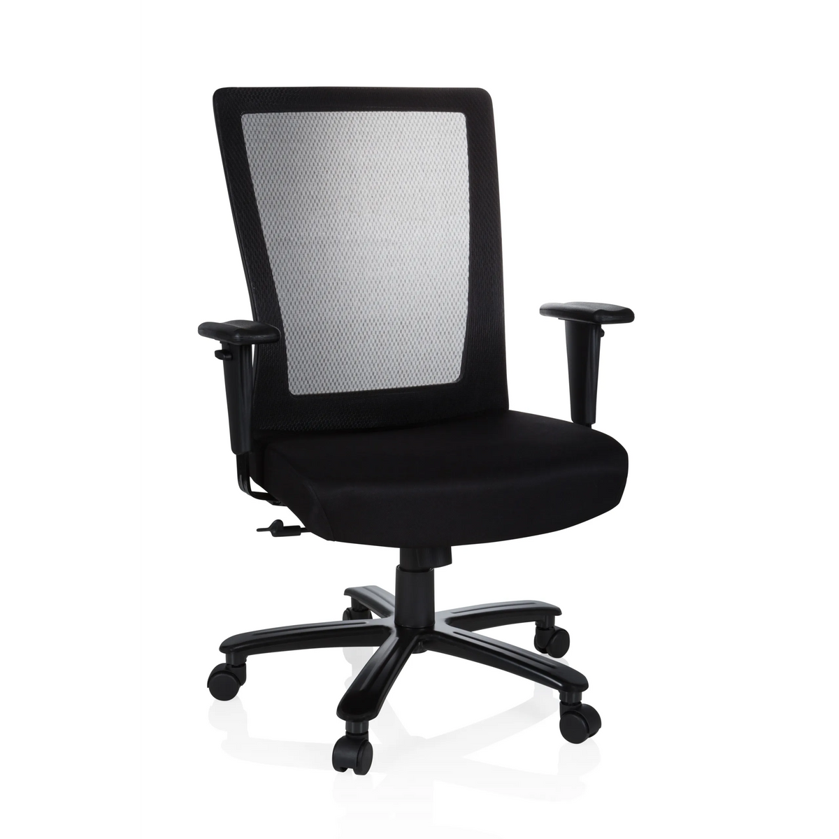 Svart snurrstol XXL EXTENDER med nätrygg och femhjulig fotkorsbas från hjh OFFICE – 360-gradersvy (framifrån 20°)