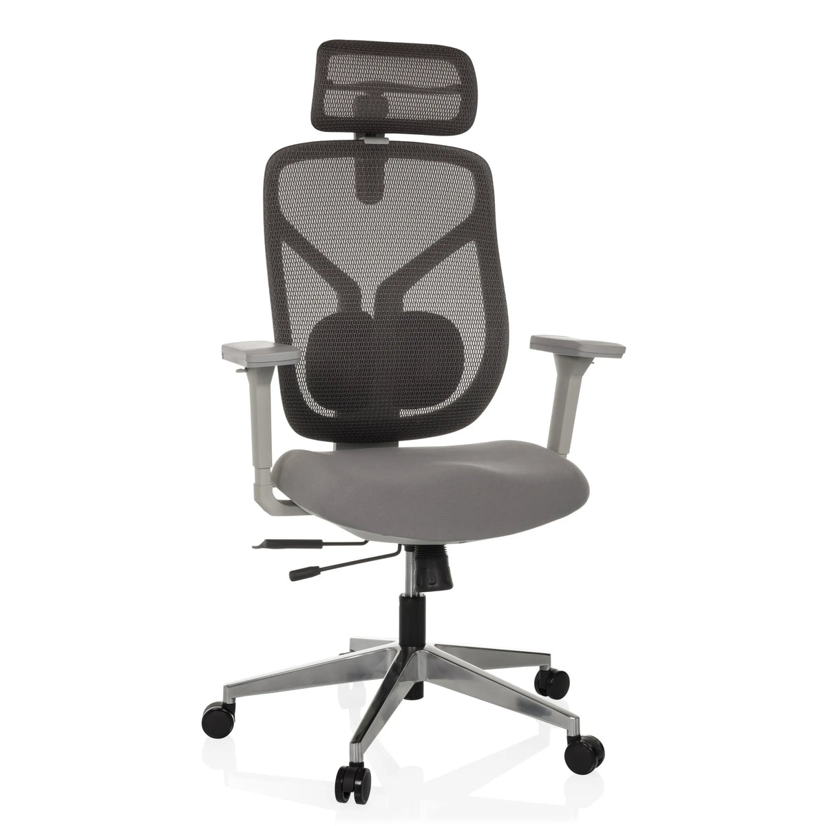 Grå Hög kontorsstol CASSILIS W med nätrygg och femstjärnig fotkorsbas med hjul från hjh OFFICE – 360-gradersvy (framifrån 15°)