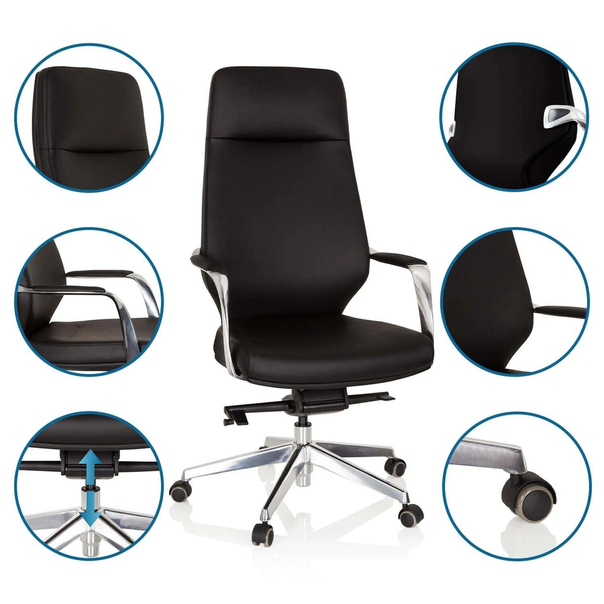 Svart Professionell chefsfåtölj VELVET med detaljvyer av armstöd, gasfjäder och hjul från hjh OFFICE