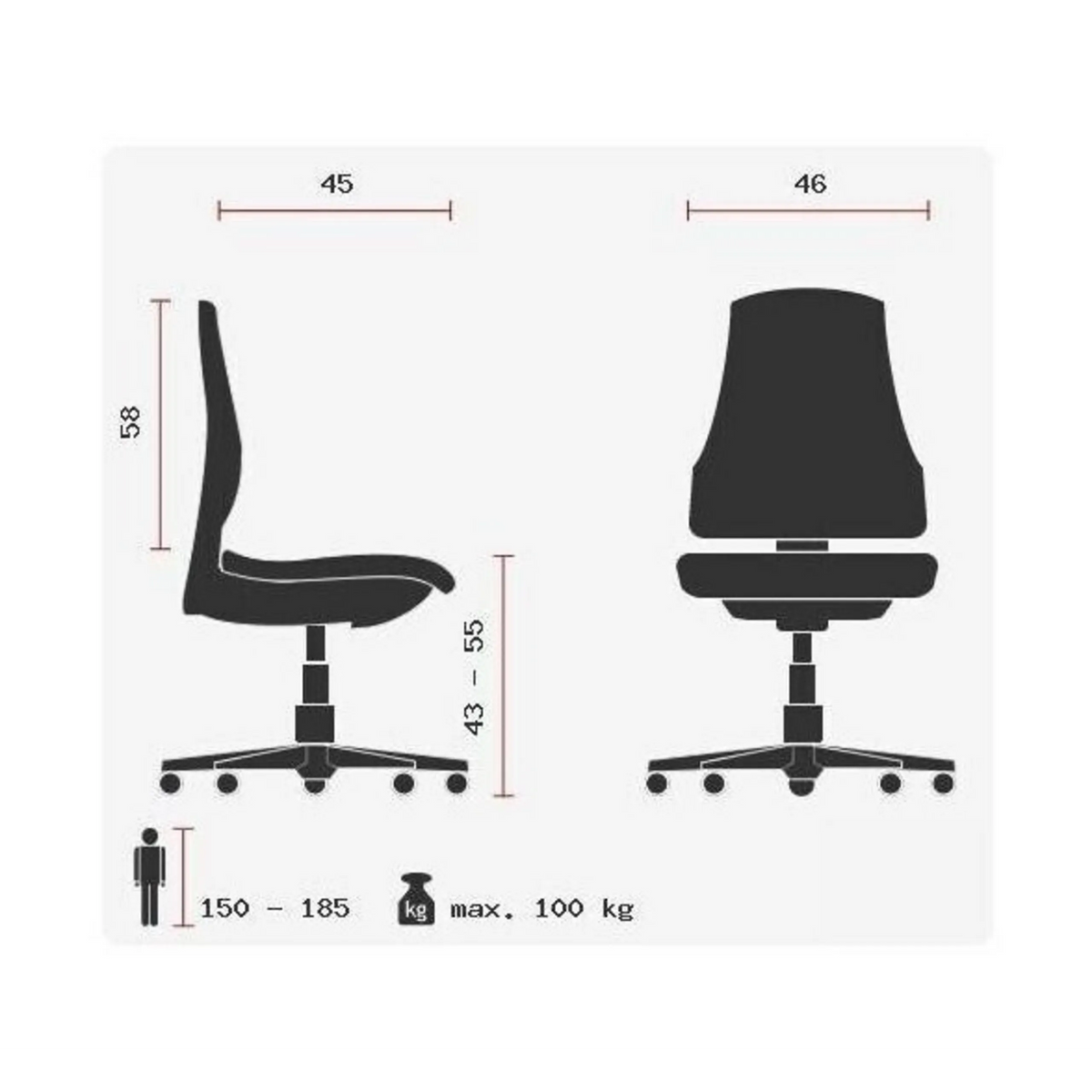 Technische Zeichnung des Homeoffice-Bürostuhls WELLPOINT 10 mit einer Breite von 46 cm von Topstar